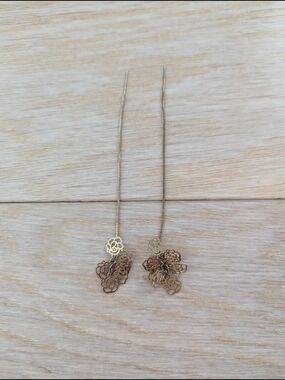 Gold Floral Threader Drop Earrings - Delicate Rose Motif